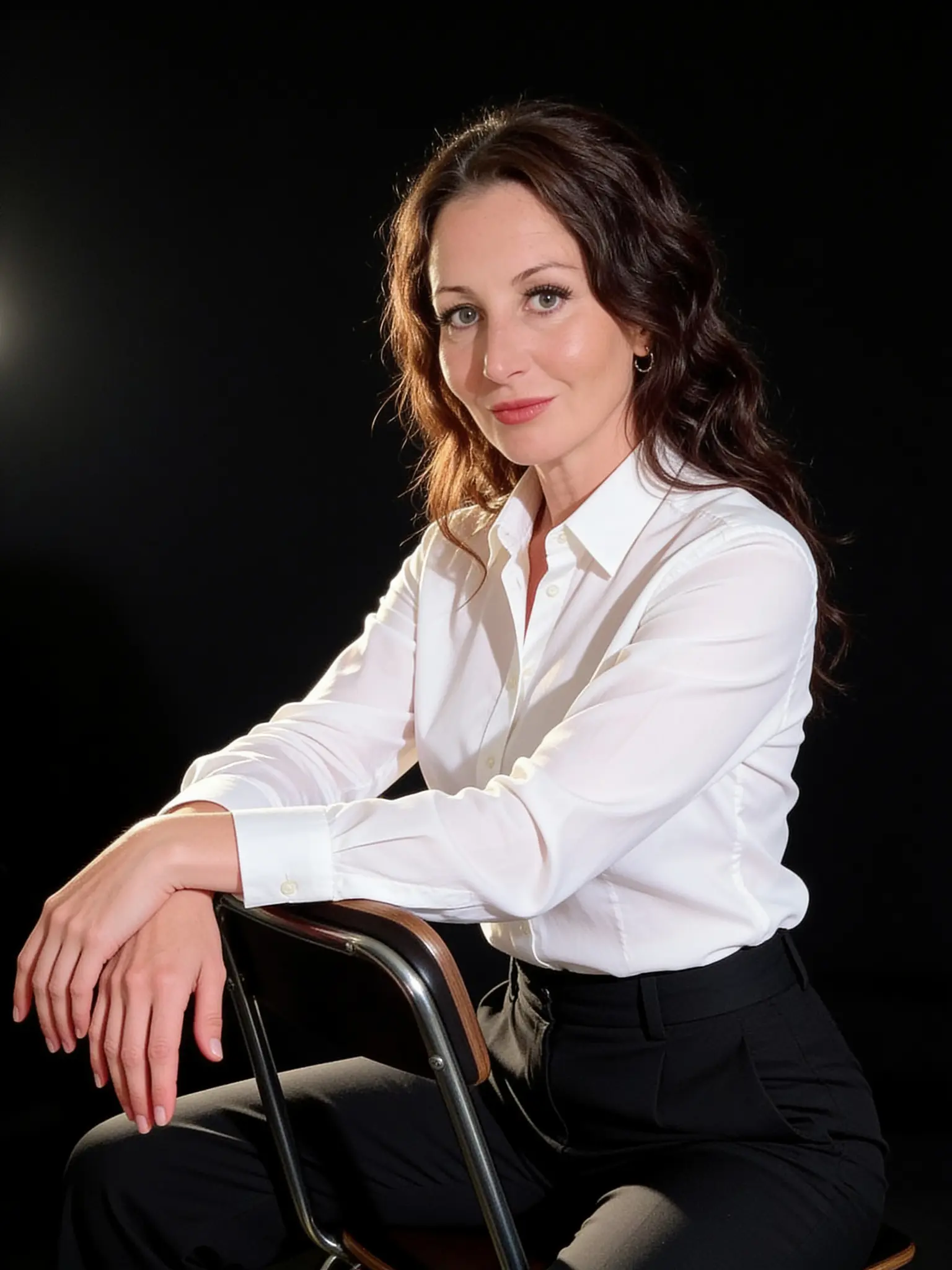 Lucy Hutchings Hunt seated in a white shirt, arm resting over the back of a black chair