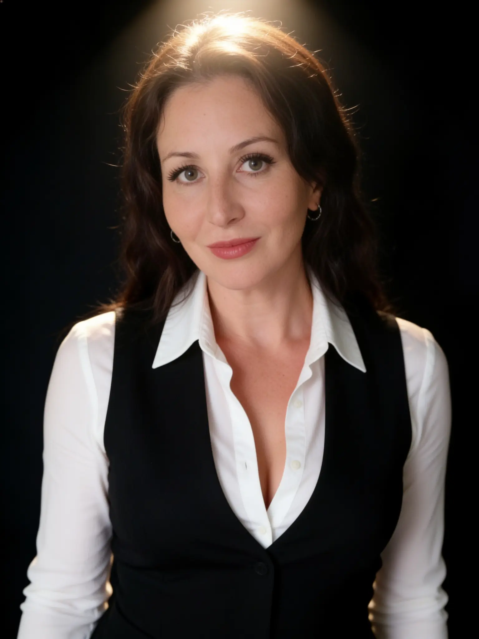 Lucy Hutchings Hunt, portrait in a black waistcoat and white shirt, lit by a single soft spotlight